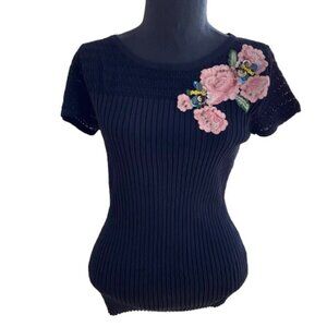 INC International Concepts Black Ribbed Knit Sweater Jeweled Bees Size M NWT